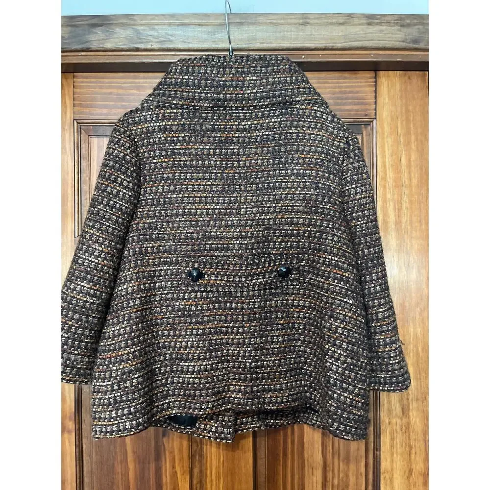 Kate Spade NY Brown Boucle Tweed Cropped Blazer Silver Lining Tag 3/4 Sleeve L